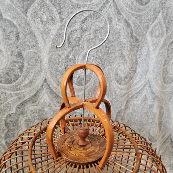 MCM 50s 60s Ornate Bamboo Rattan Hanging Birdcage Round Carved Boho Decor Brown - Picture 4 of 15